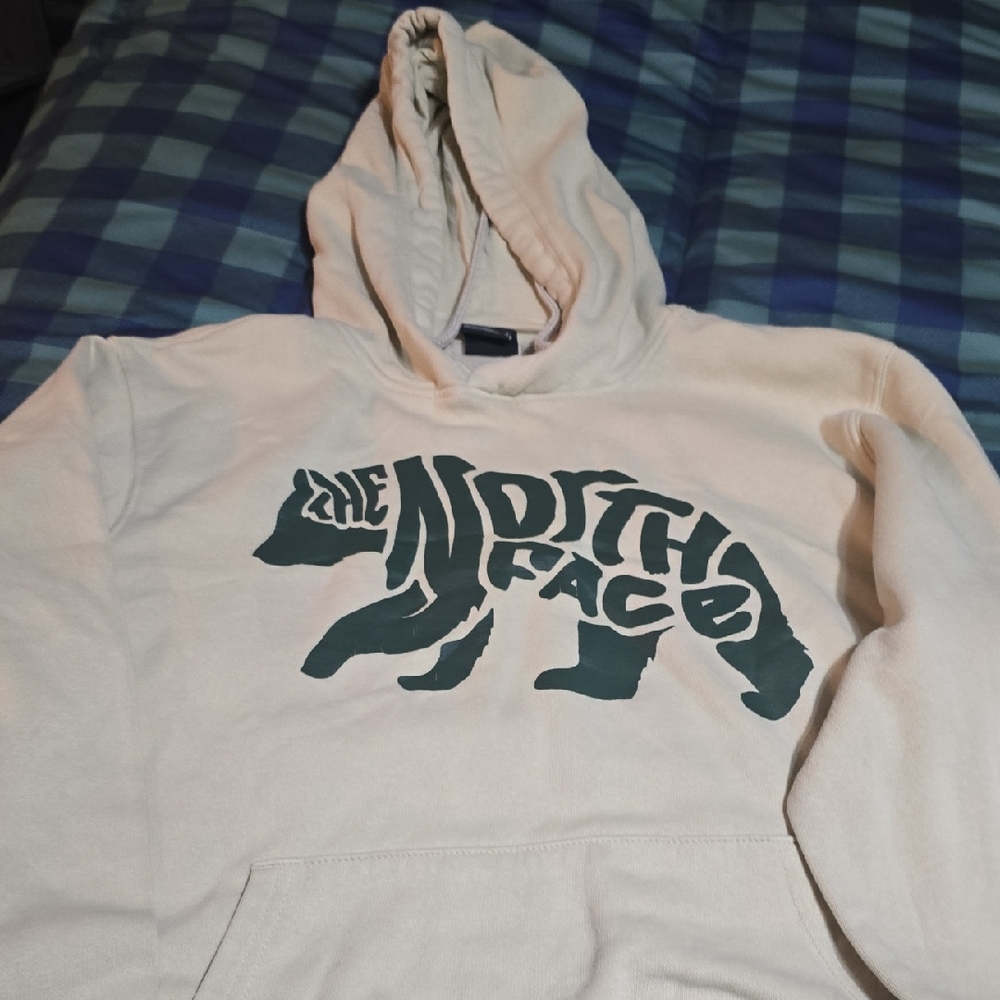 The North Face Men's Cream Hoodie with Green Logo